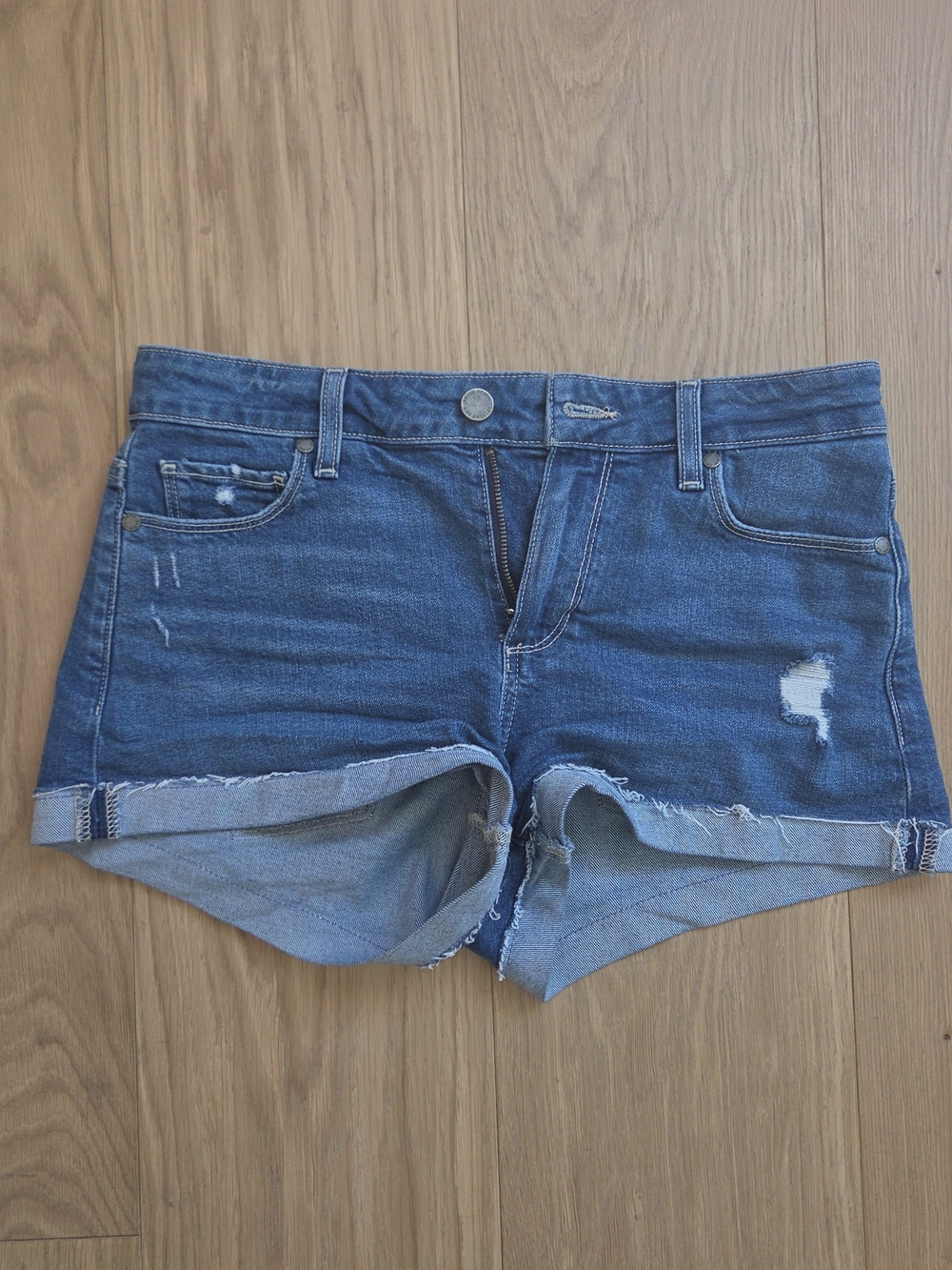 PAIGE Blue Distressed Denim Cutoff Shorts